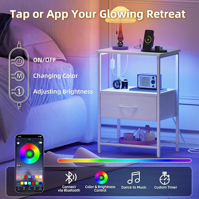 Somdot White Nightstand Set of 2 with Charging Station and LED Light for Bedroom, Bedside Table End Table for Dorm Guest Room Bedside Kids Laundry Closet Entryway Hallway, White Leather