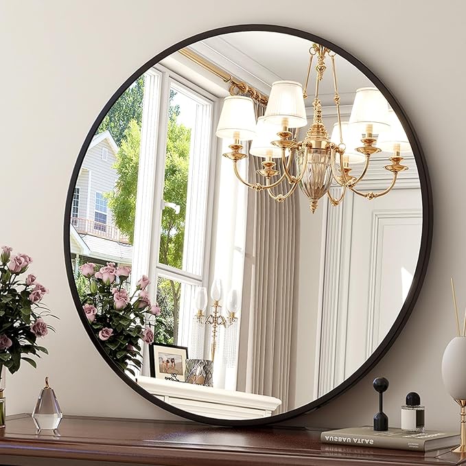 24 Inch Round Mirror - Circle Mirrors for Bathroom, Entryway and Living Room Wall Decor, Modern Hanging Vanity Mirror, Matte Black Circle Decorative Wall Mirror