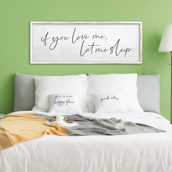 TQianJiang Master Bedroom Above Bed Wall Decor Art Funny Sleep Quote 40"×15" If You Love Me Let Me Sleep Sign Large Rustic Farmhouse Wood Framed for Couples Over Bed Wall Hanging (White)