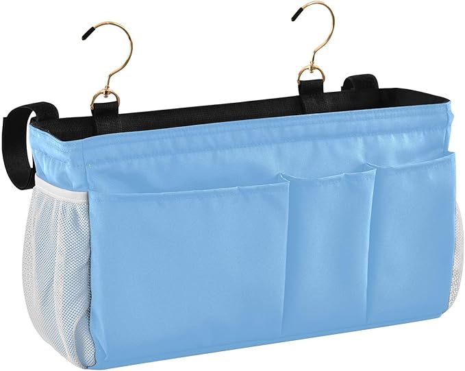 Lake Blue Bedside Caddy Storage Bag Bedside Organizer for Dorm Room Top Bunk Bed Bedside Shelf Hanging Organizer 6 Pockets with Hooks for Glasses Book Tablet Holder