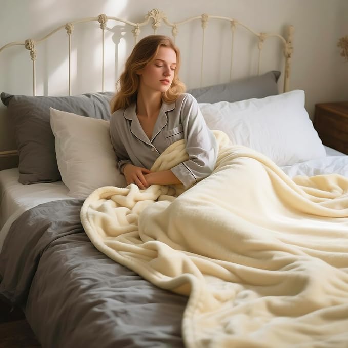 Plush Velvet Fleece Bed Blanket, Lightweight Queen Size Blanket, Soft Fuzzy Cozy Blanket for Couch (Cream Yellow, Queen)
