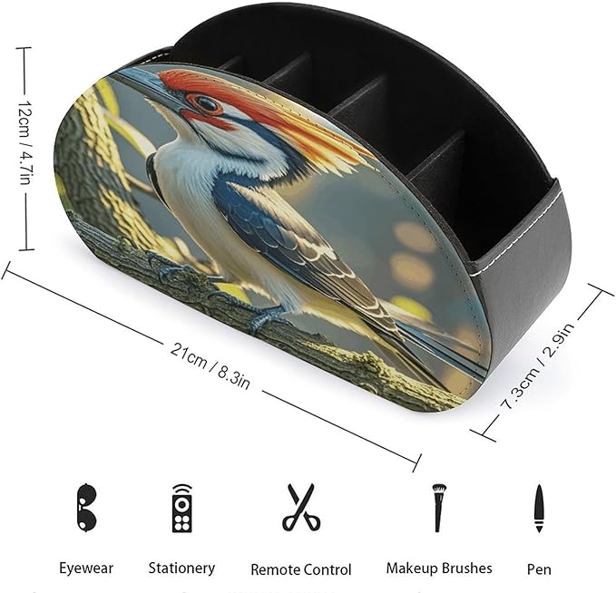 Cute Pileated Woodpecker Remote Control Holder Organizer Box with 5 Compartment PU Leather Bedside Storage Caddy Remote Organizer for Controller Media Player Pen/Pencil Storage
