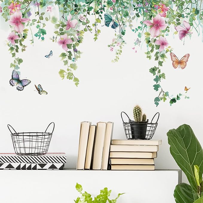 TUOKING Vines Flowers Wall Stickers Removable Butterfly Wall Murals Peel and Stick Wall Art Decal Home Decor for Kitchen,Bedroom,Living Room(fun-c20)
