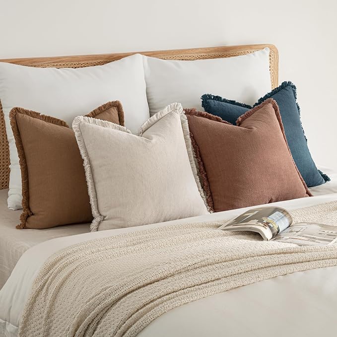 MIULEE Decorative Couch Pillow Covers Neutral Linen Fringe Throw Pillows Set of 4 Modern Rustic Cushions Boho Farmhouse Pillowcases for Bed Sofa Living Room Spring Decor 22x22 Inch Beige/Brown/Blue