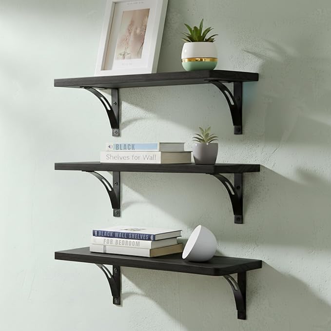 Willowy Reinforced Steel Bracket Black Wall Shelves for Bedroom - Easy to Install, Template and Video Included - Long Black Wall Shelf, Hanging Shelf, Wall Shelf, Wall Bookshelf