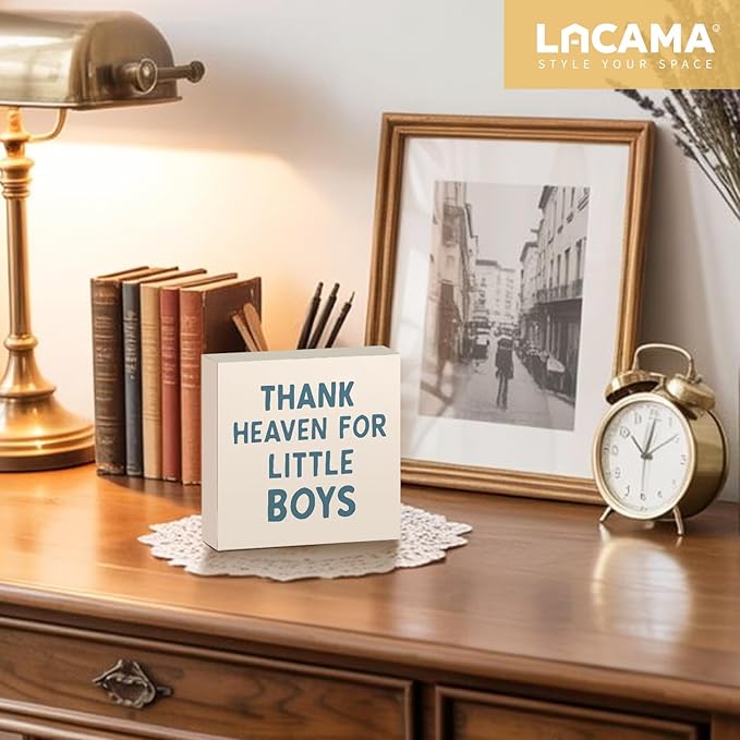 Lacama Boy Nursery Wooden Box Sign, Thank Heaven for Little Boys Decorations Wood Block Signs, Retro Blue Wood Sign for Toddler Little Boys Nursery Room Desk Shelf Wall Decor 5x5 Inches