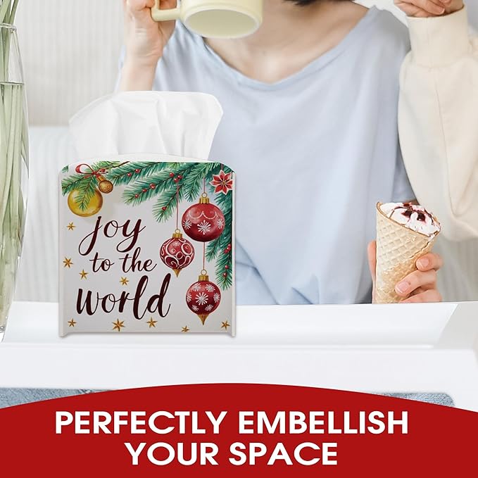 Christmas Balls Tissue Box Cover Holder, Winter Tissue Box Cover Square, Xmas Gift Ideas for Family Friends, Joy to The World Christmas Decor for Bathroom Kitchen Car Office(5.2 Inches)-B04