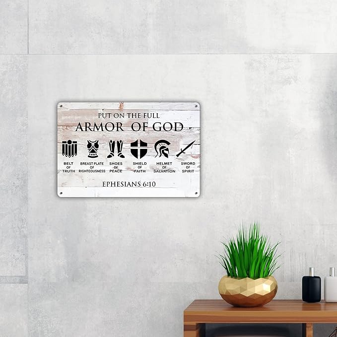 QIONGQI Funny Put on The Full Armor of God Metal Tin Sign Wall Decor, Farmhouse Rustic Christian Sign for Home Decor Gifts