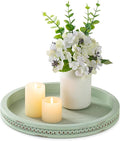 Hanobe Sage Green Tray Decor: Round Decorative Tray for Coffee Table Centerpiece - Wooden Candle Plate Holder for Rustic Farmhouse Home Living Room Kitchen Counter