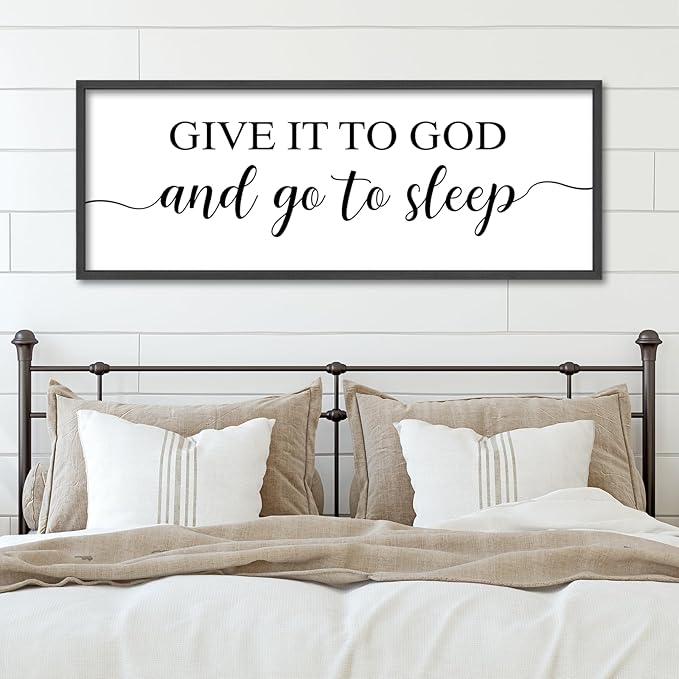 YWJKWLGS Give It To God And Go To Sleep Sign Large Bedroom Wall Decor Art 40x15 Inch Rustic Wooden Framed Above Over Bed for Peace Wall Hanging Plaque (Black)