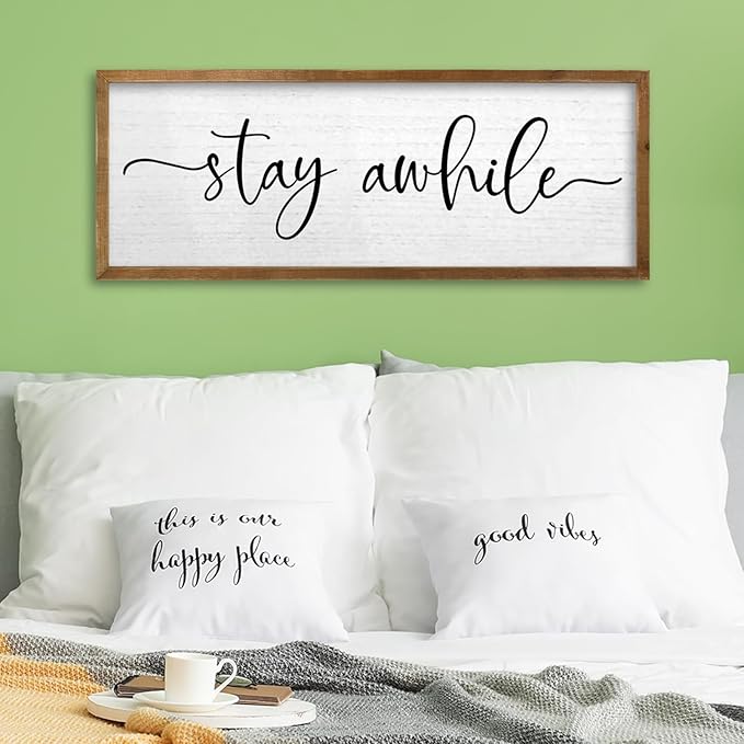 TQianJiang Living Room Wall Decor Stay Awhile Sign 24"×10" Cozy Home Inspirational Quote for Home Entryway Plaque Hallway Rustic Farmhouse Large Wood Framed Wall Hanging Art (Wood)