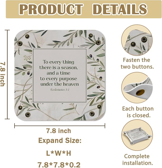 Christian Gifts Leather Jewelry Valet Tray,Religious Bible Verse Botanical PU Leather Catchall Beside Caddy Nightstand Organizer Tray for Jewelry Rings Watches Keys and Accessories,7.8x7.8inch