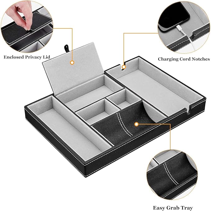 Baoyun Nightstand Organizer Tray,Leather Valet Tray for Men,EDC Catchall with Phone Charging Station,Dresser Top Organizer, 6 Compartments Entryway Box for Wallet, Keys, (Black)