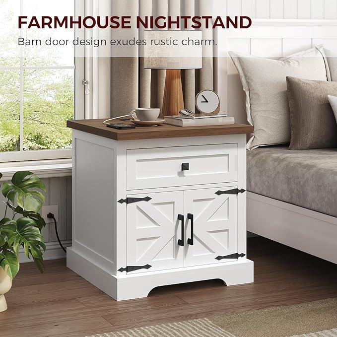 Farmhouse End Table with Charging Station, 23.6" Large End Tables Living Room, Sofa Side Table with Barn Door, Wooden Rectangular Nightstand Bedside Table with Drawer, Walnut ETBZ157E01