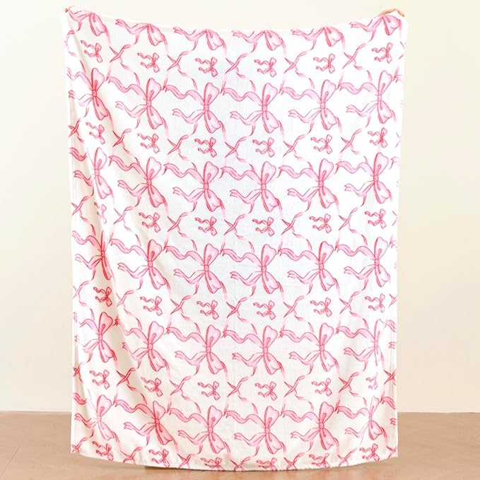 Pink Bow Twin Blanket – 60x80 Inch Soft Fleece Blanket for Girls and Women, Coquette Aesthetic Room Decor for Bed, Couch, Chair, Preppy Bedroom or Gift, Cute Pink Bow Decor Blanket