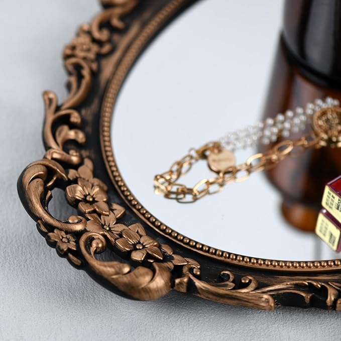 Vintage Decorative Gold Framed Mirror, Wall Hanging Mirrors & Tabletop Tray for Bedroom Living Room Dresser Decor, Oval- 9.6" W x 14.3" L (BRONZE-2PACK)