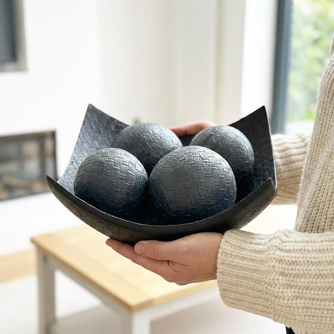 Seraphic 5pc Scoop Bowl Table Centerpieces for Dining Room, Large Decorative Bowls for Coffee Table Decor, Kitchen, Orbs/Balls Included, 14" diagonal. 11" wide and 5.75" tall, Charcoal Black