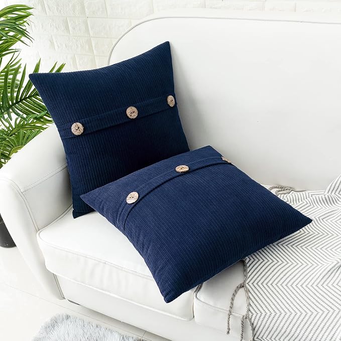 HWY 50 Navy Blue Chenille Throw Pillow Covers 22x22 Inch with Triple Buttons, Soft Farmhouse Accent Decorative Cushion Cases for Couch Sofa Bed Living Room Pack of 2
