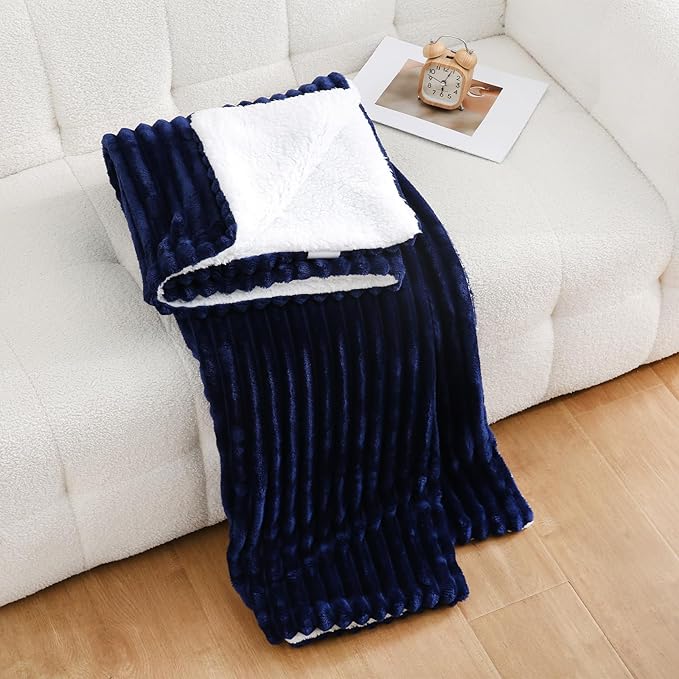 Navy Blue Sherpa Fleece Throw Blanket 50”×60” for Couch Sofa Bed,Double Side Soft Fuzzy Cozy Plush Thick Flannel Blanket with Striped Design Gift for Adults,Woman,Girls