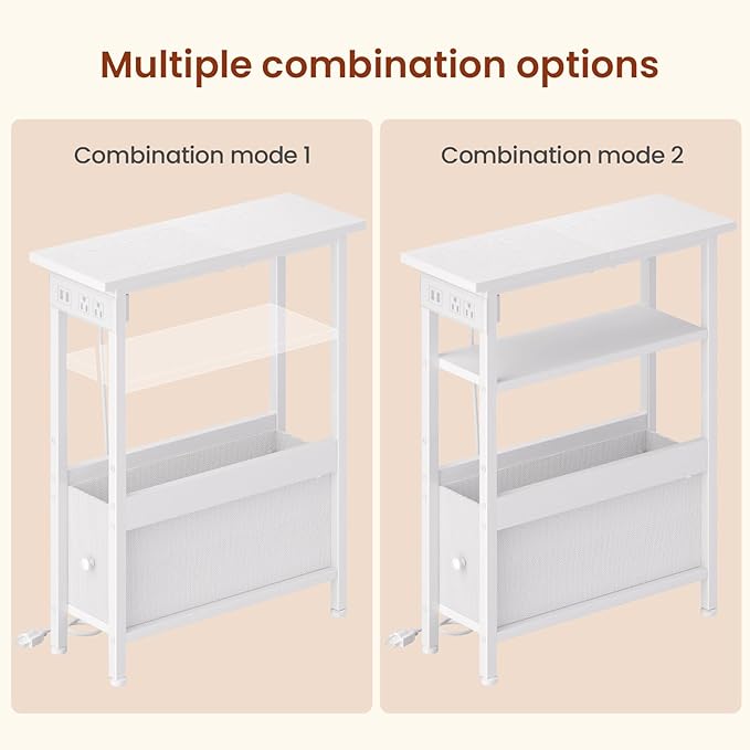 Narrow Bedside Table with Charging Station and LED Light, Skinny Nightstand with USB Ports & Type-C, End Table with 1 Fabric Drawer, Slim Side Table for Bedroom, Nursery, Living Room, White
