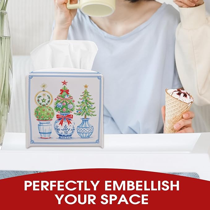 Christmas Trees Tissue Box Cover Square, Christmas Leather Tissue Box Cover Holder, Xmas Gift Ideas for Family Friends, Bathroom Kitchen Car Office Decor, Porcelain Print (5.2 Inches)-B03