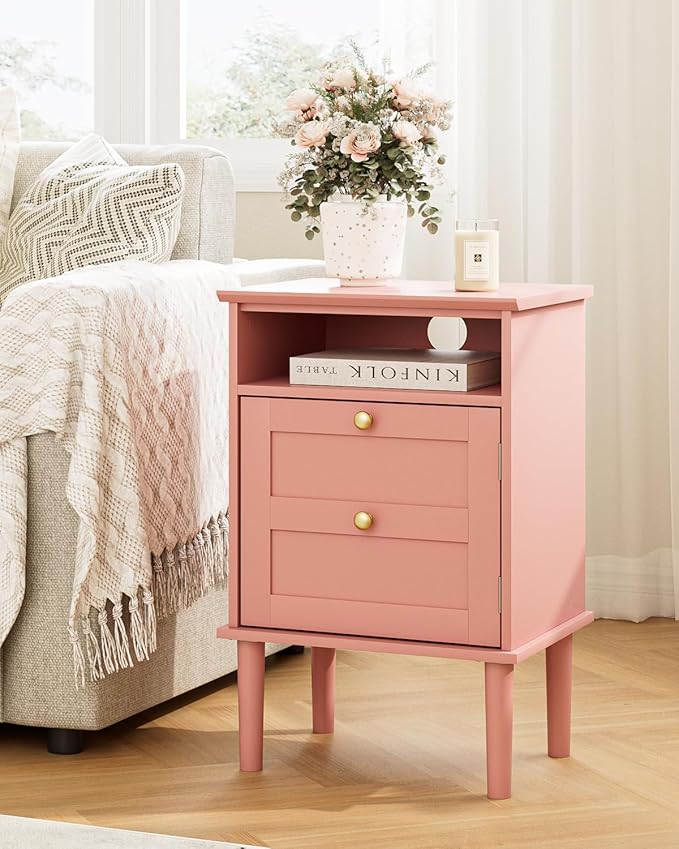 Nightstand, Boho Night Stand with 1 Drawers, Modern Side Accent Table with Open Shelf, Wooden Top Bedside End Table for Bedroom, Living Room, Pink