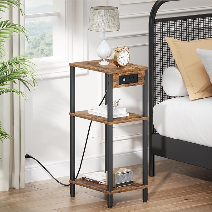 Side Table with Charging Station, Tall End Tables Living Room, 30 Inch Skinny Night Stand with Storage, Small Bedside Tables for Bedroom, Office, Dorm, Hallway, Rustic Brown