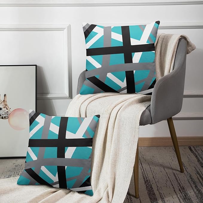 Emvency Set of 2 Throw Pillow Cover Turquoise Black Stripes Grey White Design Retro Teal Decorative Pillow Case Striped Home Decor Square 20x20 Inch Cushion Pillowcase