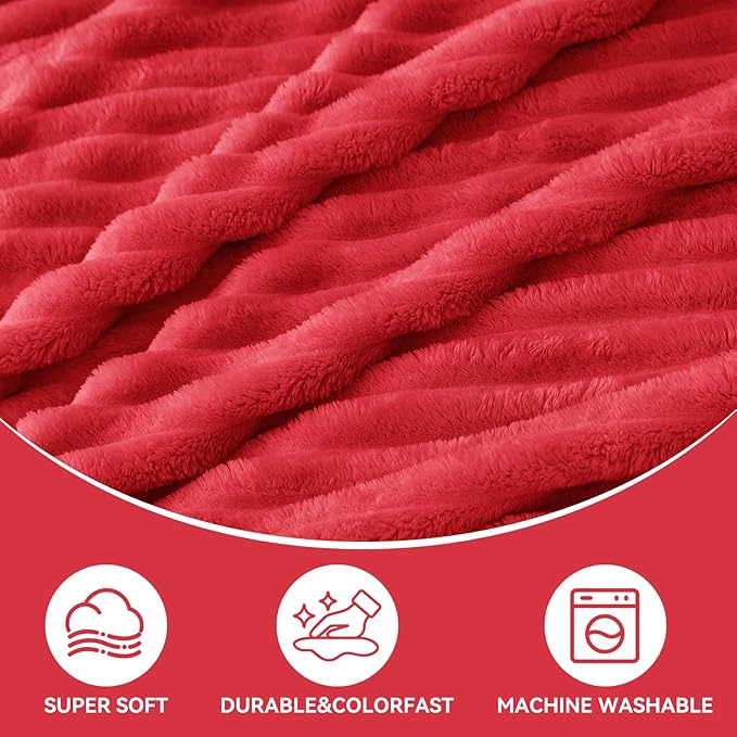 Nookly Red Fleece Throw Blanket for Couch, Soft Lightweight Ribbed Plush Blanket for Sofa and Bed, All-Season Cozy Striped Throw for Women Girl 50x60 Inches