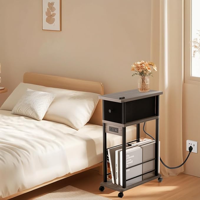 Narrow Side Table (1PC) - Grey & Black Two-Tone End Table with Charging Station Drawer & 4 Wheels, Personalized Mobile Storage Nightstand for Bedroom Living Room (1 AC + 2 USB Ports)