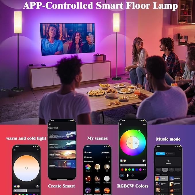 Smart LED Floor Lamp with APP Control & RGB Colors - Dimmable Standing Lamp for Living Room, Bedroom, Gaming - Remote, Timer, 9W Bulb Included, 67" Modern Tall Lamp (C:Black Beige)