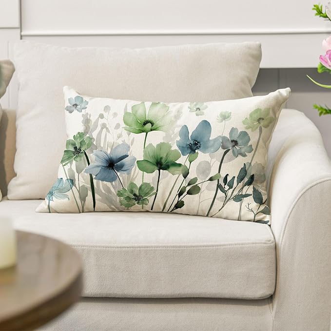 AVOIN colorlife Poppy Flowers Chinoiserie Fall Throw Pillow Cover, 12 x 20 Inch Blue Sage Green Seasonal Leaves Cushion Case Decoration for Sofa Couch Farmhouse