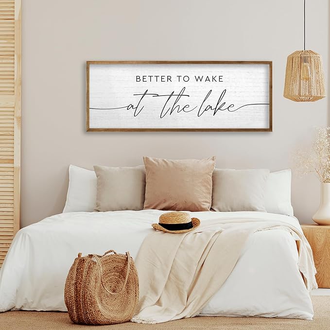 TQianJiang Lake House Decor Better To Wake At The Lake Sign 40"×15" for Bedroom Above Over Bed Large Country Home Cabin Farmhouse Rustic Quote Wood Framed Wall Hanging Art (Wood)