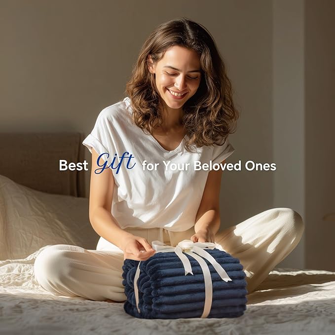INFIIXSO Sherpa Throw Blanket for Couch - Super Soft & Warm Striped Fleece Blanket, Cozy Plush Fluffy Blanket All Season Use (Navy Blue, 60x80 Inches)