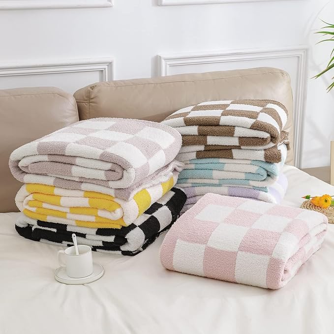bearberry Fuzzy Checkerboard Grid Throw Blanket Knitted Soft Cozy Warm Microfiber Blanket Decor for Couch Sofa Bed Travel Home (Black, 40''x50'')