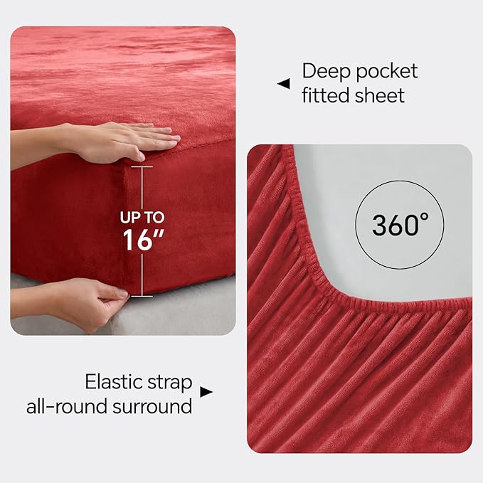 BEDELITE Flannel Sheets Queen Size Red - Super Soft Fleece Sheets Set Fluffy Extra Plush, 4 Piece(Include Fitted Sheet, Flat Sheet, 2 Pillowcases)