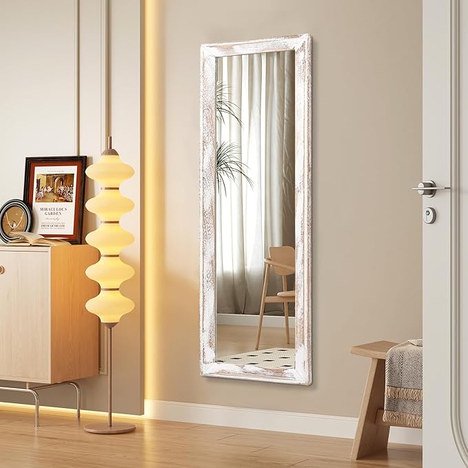AAZZKANG Wall Mirror Full Length with Wood Frame 43"x14" Rustic Large Full Body Mirrors Decorative for Bedroom Living Room Bathroom Entryway Hanging Rectangular White