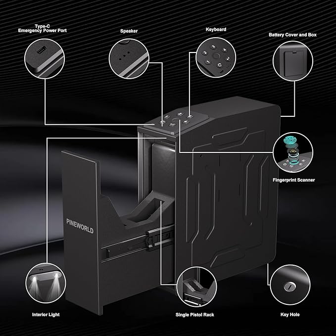 Gun Safe For Handgun, Biometric Slider Bedside Handgun Safe, Pistol Lock Case for Nightstand,Sliding Door Hand Gun Safe for Pistol -with 3 Quick Access Fingerprint, PIN Code, KEY