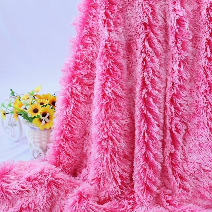 Plush Super Soft Blanket Bedding Sofa Cover Furry Fuzzy Fur Warm Throw Qulit Cozy Couch Blanket for Winter (63"x79",Rose Pink and White)