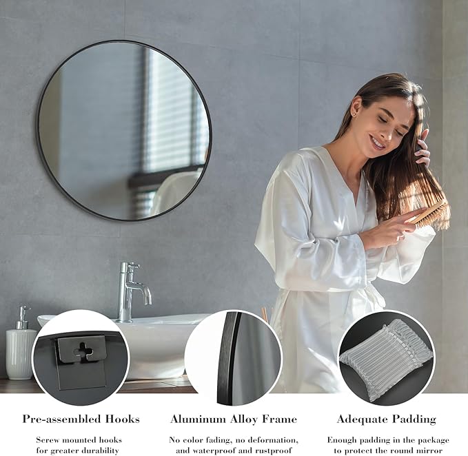 Sweetcrispy 28in Black Round Bathroom Mirrors for Wall, Bathroom Mirrors for Over Sink, Wall Decor for Bathroom, Entryway, Bedroom, Vanity