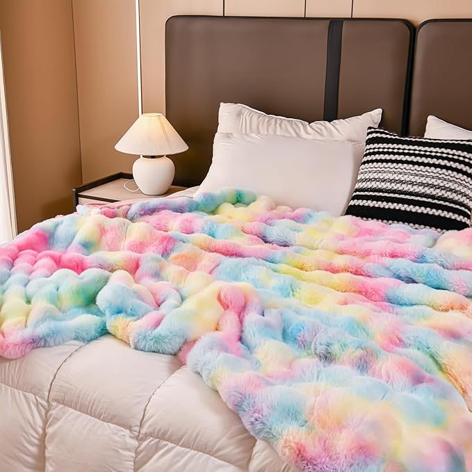 H&D Faux Fur Throw Blanket for Couch,Fluffy Cozy Soft Plush Luxury Thick Fuzzy Fleece Blanket for Couch Bed Sofa Bedroom Living Room,Comfy Bubble Blanket