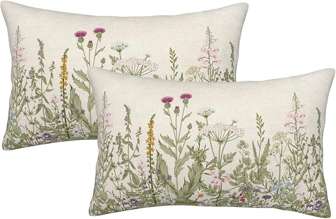 AEIOAE Sage Green Pillow Covers 12x20 Inch Set of 2, Spring Wildflower Plant Throw Pillows Case,Seasonal Floral Outdoor Decorative Flowers Farmhouse Decor Cushion Covers for Home Sofa Bed Couch