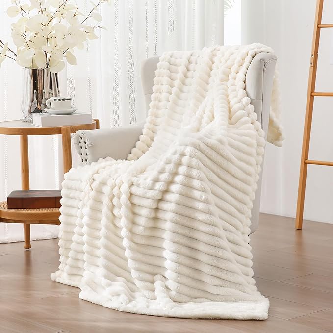 Vessia Flannel Fleece Cream Twin Blanket(60x80inch), 300GSM Striped Blanket for Adults and Kids, Super Soft Warm Cozy Lightweight Home Decor for All-Season