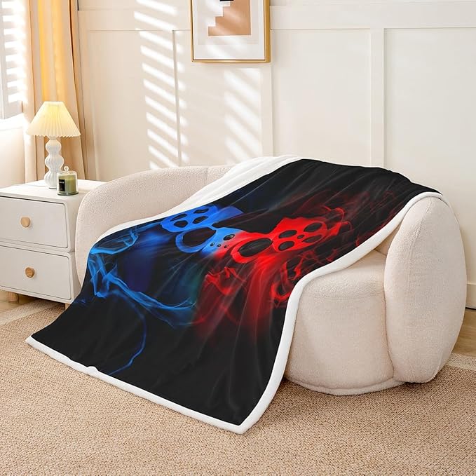 Game Throw Blanket for Boys 40"x50",Teens Gamer Room Decor Bed Blanket,Child Gaming Console Fleece Blanket,Kids Gamepad Video Games Joysticks Fuzzy Blanket,Modern Retro Living Room Decor Red Blue