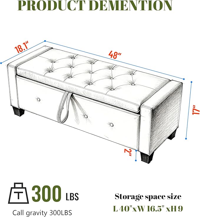 48" PU Leather Storage Ottoman Benches for Bedroom,Tufted Ottomans with Storage for Living Room,Mid Century Modern Bench with Seating for Entryway,Window,Bedside (PU Black, 48 inch)