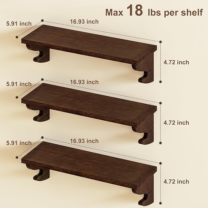 Alsonerbay Wood Floating Shelves for Wall 3 Pack, 17 inch Rustic Wall Shelves with Hook, Decorative Hanging Shelves for Bedroom Living Room Nursery Office and More Light Walnut