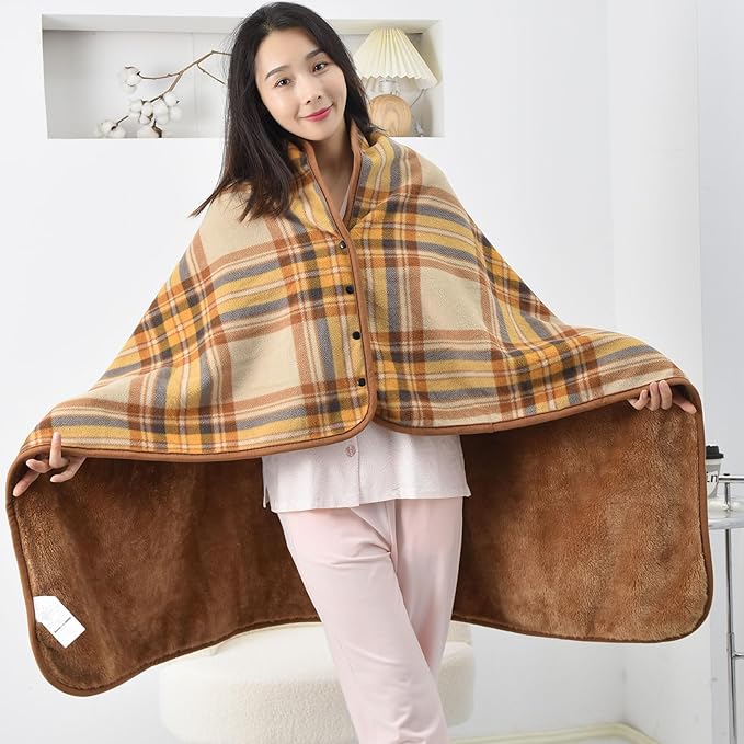 forestfish Fleece Wearable Blanket, Plaid Lap Blanket Comfy Poncho Throw with Buttons for Bed Sofa Office, Yellow