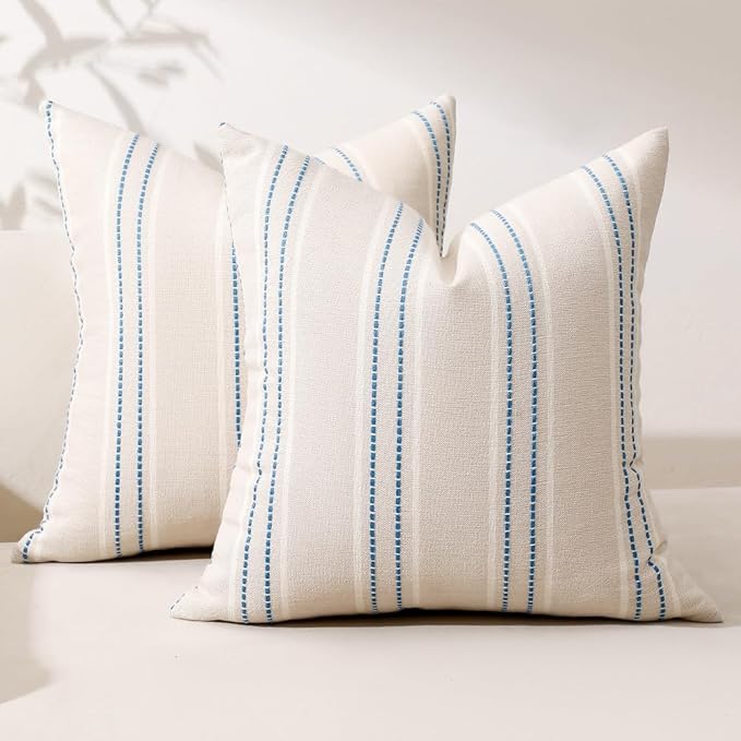 Hckot Throw Pillow Covers 18x18 Set of 2 Blue Pillow Covers Farmhouse Decorative Pillows Textured Linen Square Cushion Covers for Sofa Couch Bed Living Room Decor(Lake Blue)