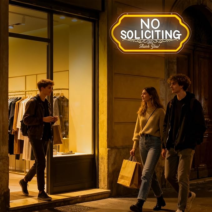 No Soliciting Neon Signs,No Soliciting Sign for House,Adjustable Brightness No Trespassing Led Sign for Outdoor Yard Sign for Home and Front Doors,Walls, Windows