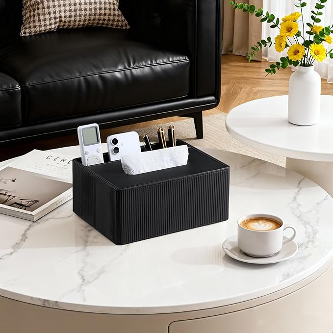 Tissue Box Cover Rectangle with 2 Compartments Remote Holder, PU Leather Tissue Box Holder Rectangle for Livingroom NightStand, Tissue Holder for 120(3-Ply)/160(2-Ply) Tissue Box (Black)